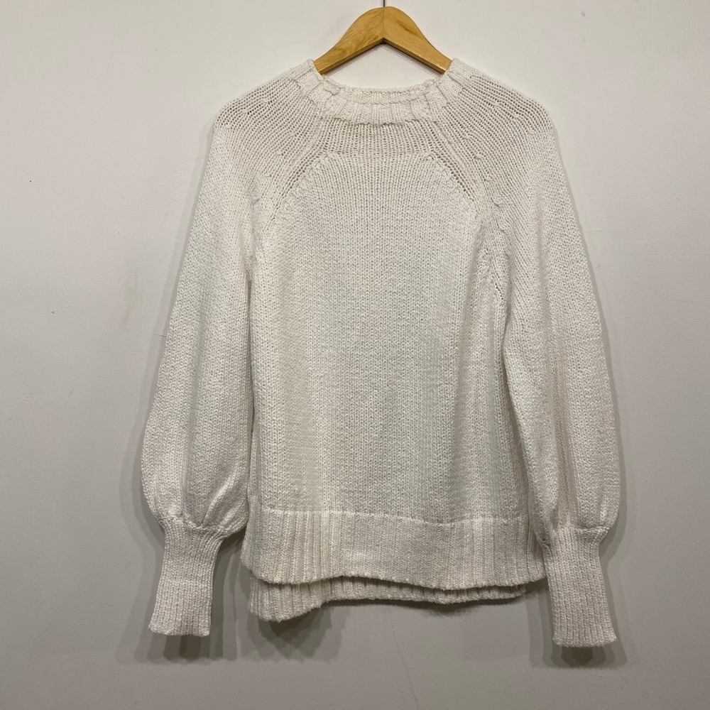 Ann Mashburn White Cotton Chunky Knit Puff Sleeve Romantic Sweater Small S55663